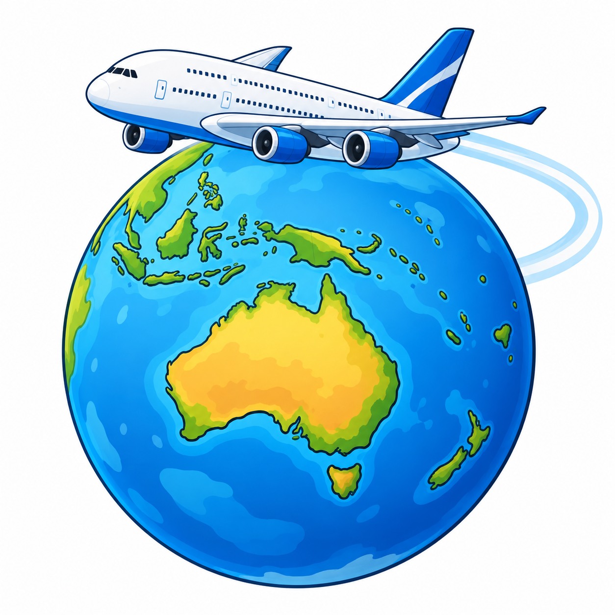 A cartoon Airbus A380 flying west around a globe with Australia at its centre.